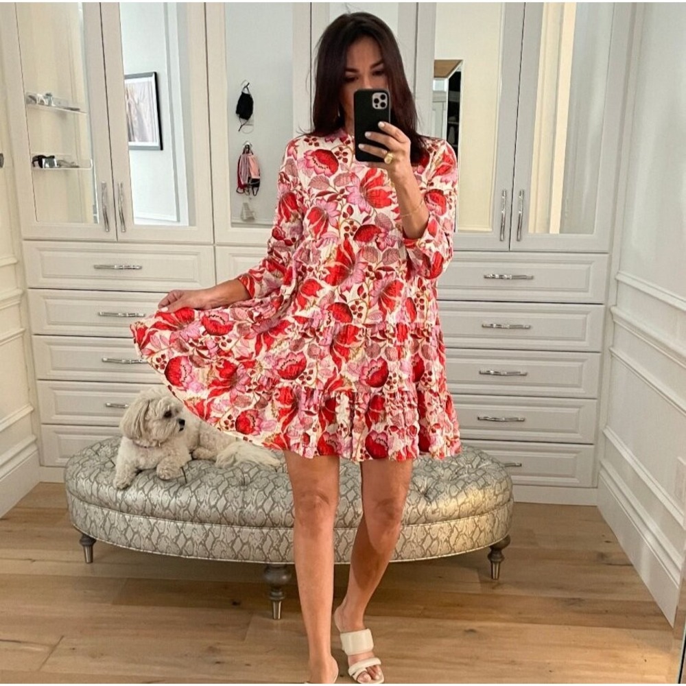 Zara Cream Red Floral 3/4 Sleeve Sharon Swing Whimsical Summer Mini Dress Size S